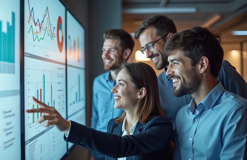 Smiling business team analyzes data on large screens in modern office.